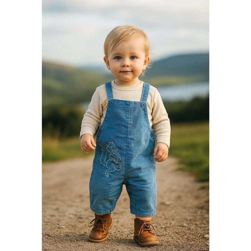 VTG Stones Wear Embroidered Corduroy Overalls Baby Toddler Size 24m Blue USA